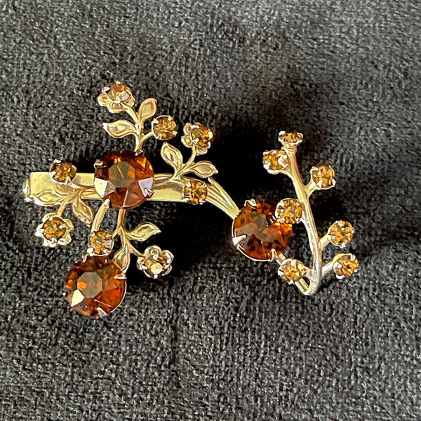 1950's Topaz and Citrine Rhinestone Brooch, Free Form Gold Tone Branch and Tiny Leaves w Rhinestones, Swaged Construction, Excellent Cond.