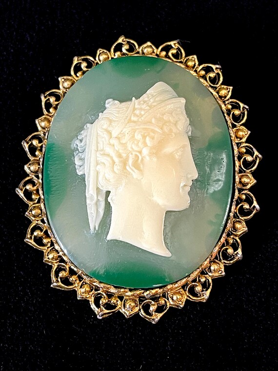 1960's Large White Lucite Cameo on Green Shaded L… - image 2