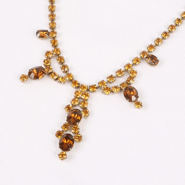 1940's-50's Amber Colored Choker, Topaz Prong Set Rhinestones Choker Necklace, Rhodium Plated, Round Amber, Oval Topaz, Excellent Cond.