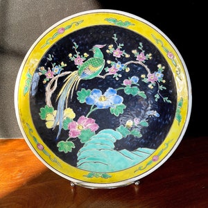 Early 1900&#39;s Japanese Polychrome , Bird of Paradise Hand Painted Plate, Rocks n Flowers, Just Gorgeous! Excellent Antique Cond.
