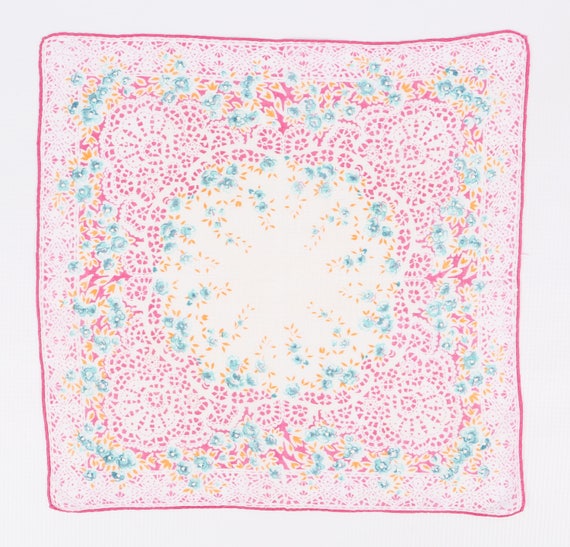 1950's Lace Print Floral Hankie Cotton Magenta, T… - image 3