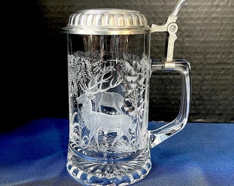 1995 CUI German Etched Glass Stein w Pewter Lid, Double Sided Elk & Forest, No Wear, No Damage, Size in Photos, Beautiful Details