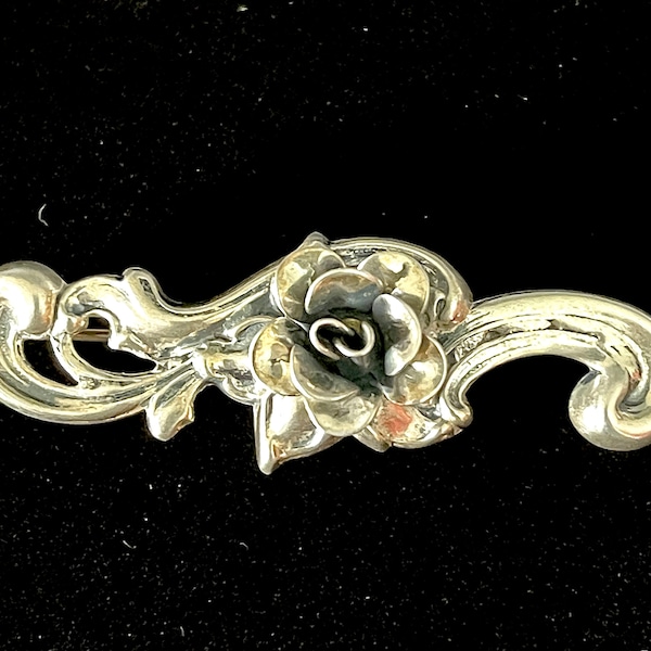 1940's-50's JEWELART Deep Sculptured Sterling Silver Rose, Swirly Repousse Leaves Bar Pin, Romantic Victorian Style, Excellent VTG Condition