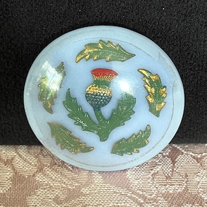 1960's-70's Plastic Dome Blue Backing with Green, Gold, and Red Thistle Brooch, Round Glued 2 Pc. Probably Souvenir Pin, Excellent Cond.