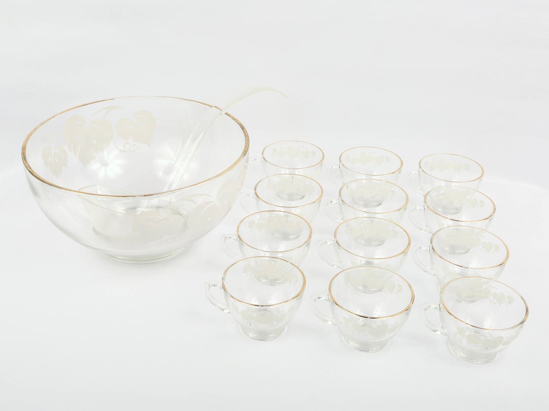 1950's Punch Bowl Set Anchor Hocking White Grape Leaf Etsy Australia