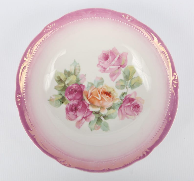 German Roses Bowl Made in Germany Embossed Pink Edge Porcelain Bowl with Pink Peach Green Roses Excellent VTG Cond. 8 Diameter X 1-78 H