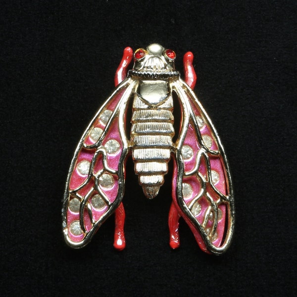 1960's Cicada or Moth Brooch, iridescent Pink Enamel, Clear Crystals Layered, Filigree Gold Tone Wings and Textured Body, Red Crystal Eyes.