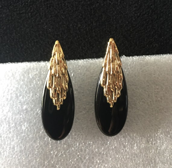 1980's Faux Onyx Studs Black Glass Elongated Tear Drops | Etsy