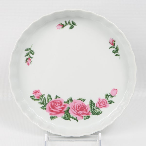 90's Christine Holm Porcelain Quiche, Frittata Pan "Rose" Pattern. Pinks & Greens on White. Exc. Cond. Maker Mark on Bottom. Appears Unused.