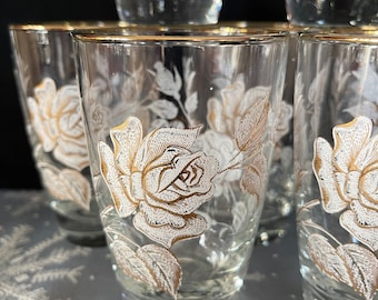 1963 Libbey &quot;Rose Banquet&quot; Tumblers (6) Large White & Gold Roses Sold Together, 4-3/4&quot; High, 10 OZ., Excellent VTG Cond., Size in Photos