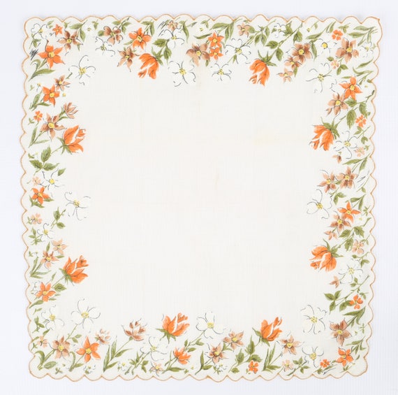 1960's Rose Buds Hankie White Linen Handkerchief … - image 1