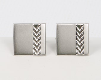 60's SWANK Cuff Links Square Matt, Glossy Finish w Off Center Band of Chevrons Toggle Fasten Silver Tone, Excellent Cond., 3/4" X 3/4"