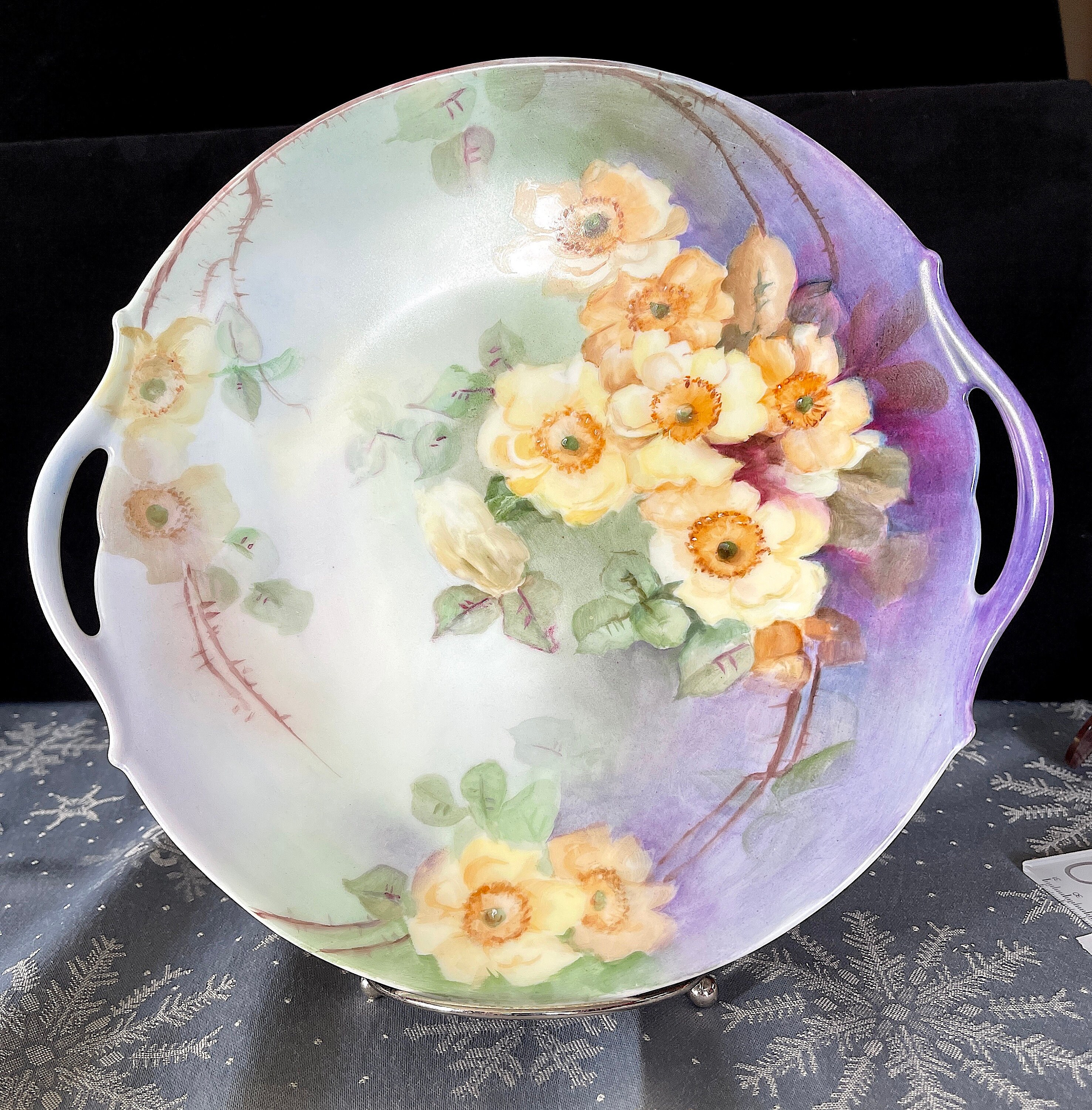 1909 Tessemann & Vogt Limoges France Hand Painted Porcelain Platter 10-5/8" x 10" Breath Taking Wild Yellow Roses w Purple, Green Backgroud.