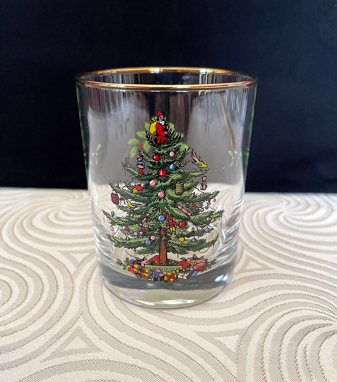 1938 Spode, Christmas Tree, Double Old Fashion Glass, Detailed Tree W
