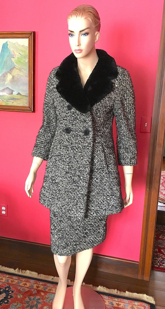 50's Sophisticated Suit Black & White Wool Tweed Faux Fur - Etsy UK