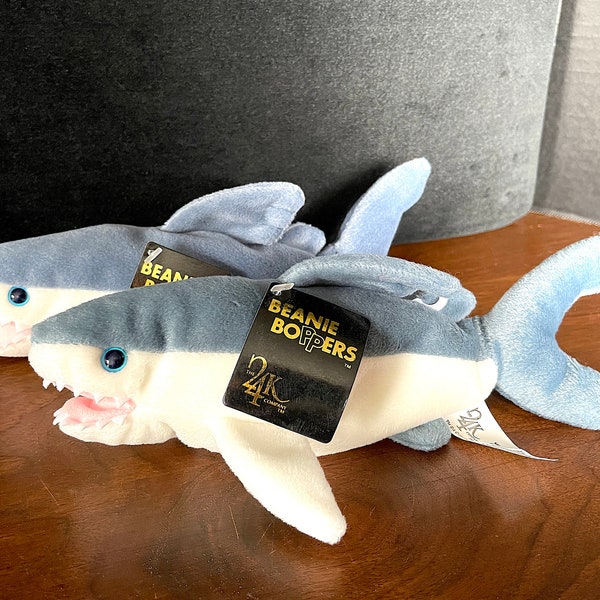 1997 24K Co., BEANIE BOPPERS, "Chops" (2) Sold Singly,Plush Gray & White Bean Bag Shark Toy, Felt Teeth, Blue Plastic Eyes, Exc. VTG Cond.