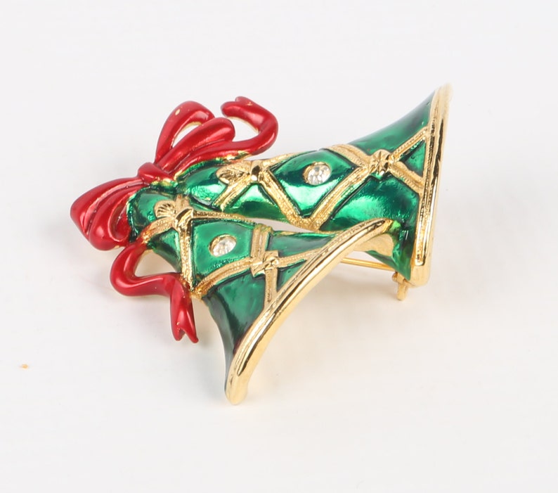 Excellent Cond. 1-34 X 2 W Rhinestones Green Enamel Maker Mark Christmas Bells Pin SFJ Bells Brooch Red Roll Over Clasp Gold Tone