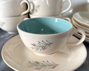 1950-1966 TST and Homer Laughlin Made "Fortune" Cup and Saucer Sets (8) 1 set at a Time, Stems of Aqua Brown & Grey Barley, MCM, Excellent