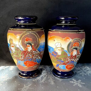 1920&#39;s-40&#39;s Satsuma Moriage Vases, Navy Glaze, Brown, Blue, Rust, White, Compassion Diety Vases, Japan, Excellent VTG Cond., Size in Photos
