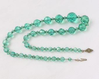 1930's Green Crystal Beads Czech Glass, Chessboard Faceted Graduated Necklace, Quality Fine Chain Strung, Roundel Spacers, 17-1/4" Long