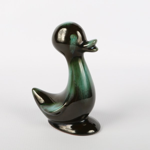 Rote Ton Ente blau Berg Ente Figur, Türkis, Hunter grüne Glasur, gute VTG Cond., 5-1/2' H X 4" L X 2-1/4" W, kleine Fehler.