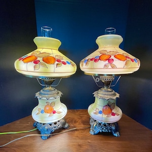 1970&#39;s-80&#39;s Vibrant Faux Stained Glass Fruit Lamp, Only One Left, 3 Way Hurricane Lamps, Exc. VTG Cond., Size in Photos.