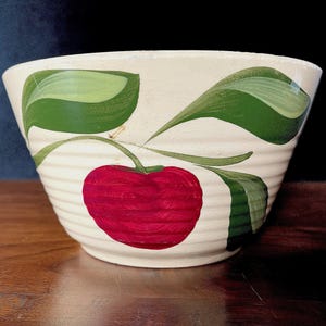 1952-1965 #7 WATT Pottery, &quot;Apple&quot; Funnel Shaped Mixing Bowl #7, Ribbed Near Bottom, Used Cond., Crack in Back, Crazed. See More Info Below.