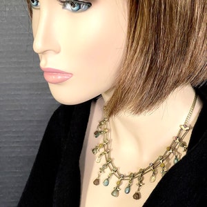 VTG Crazy Horse CH Stamp, Multi Faux Semi-Precious Gems Glass Crystals, Matt Gold Tone Findings Fringe Necklace, Excellent VTG Condition.