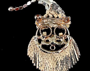1960's Santa Brooch, 50+ Gold Tone Prong Set Rhinestones Face n Hat. Dangly  Hat End n Chain Fringe Beard. MCM Design Based on Circles. Mint