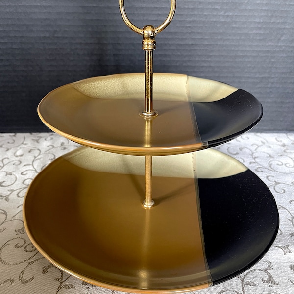 VTG Disc. SANGO "Gold Dust" 2 Plate Tid Bit Server, Gold Tone Handle, Abstract Overlapped Colors, Excellent VTG Condition, Size in Photos.