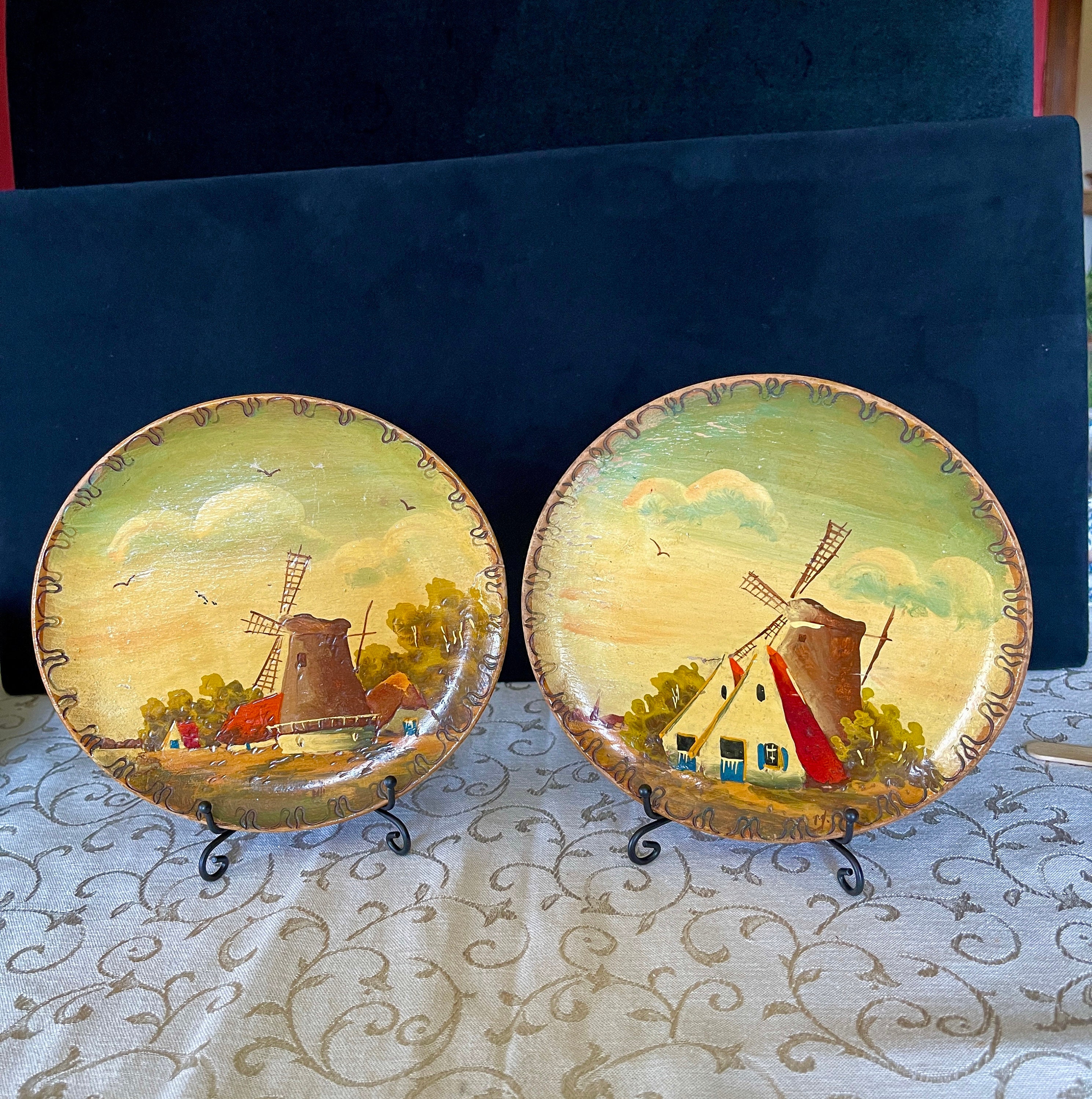 1950's Collectible Hand Painted Wooden Wall Plates, Windmills