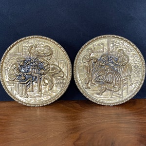 1960&#39;s-70&#39;s Home Interiors Brass Wall Pockets Set (2), Made in England, Pub Scenes, Good VTG Condition, Antiqued Look, Hanging Holes on Back