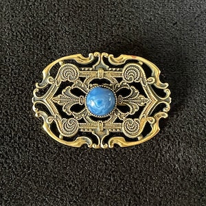 1920's Brass and Czech Glass Brooch, Blue Marbled Glass Cabochon, Excellent Antique Cond., Ornate Open Work Old World Design, Size in Photo