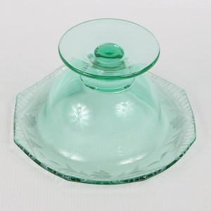 1920's Fostoria Green Rolled Etched Octagonal Rim Compote. Depression Glass. Excellent Vintage Condition. image 2