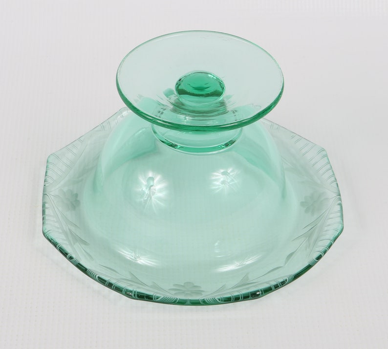 1920's Fostoria Green Rolled Etched Octagonal Rim Compote. Depression Glass. Excellent Vintage Condition. image 2