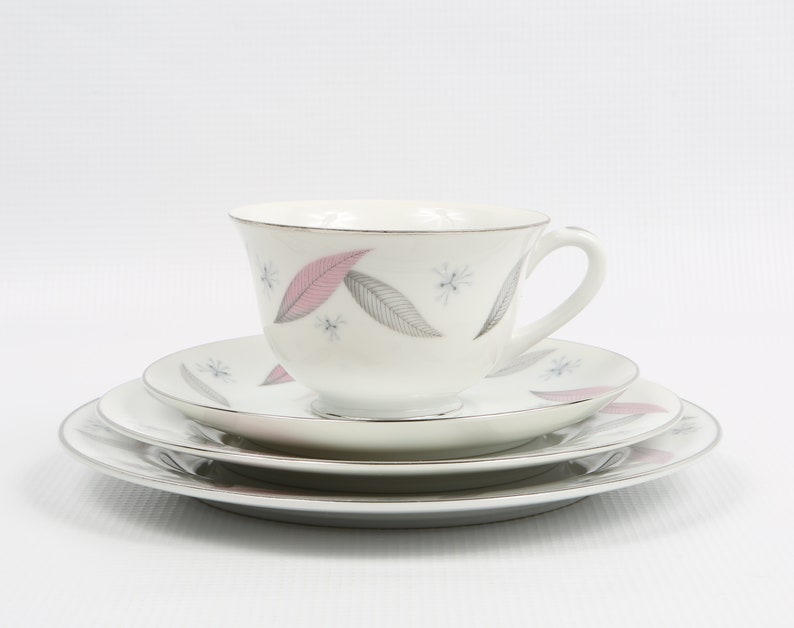 and Cup Mid Century Mod. Delicate Porcelain Grey Pink Feathers Luncheon Plt. NARUMI Serenade JAPAN Serenade 4 Piece Set Saucer B/&B