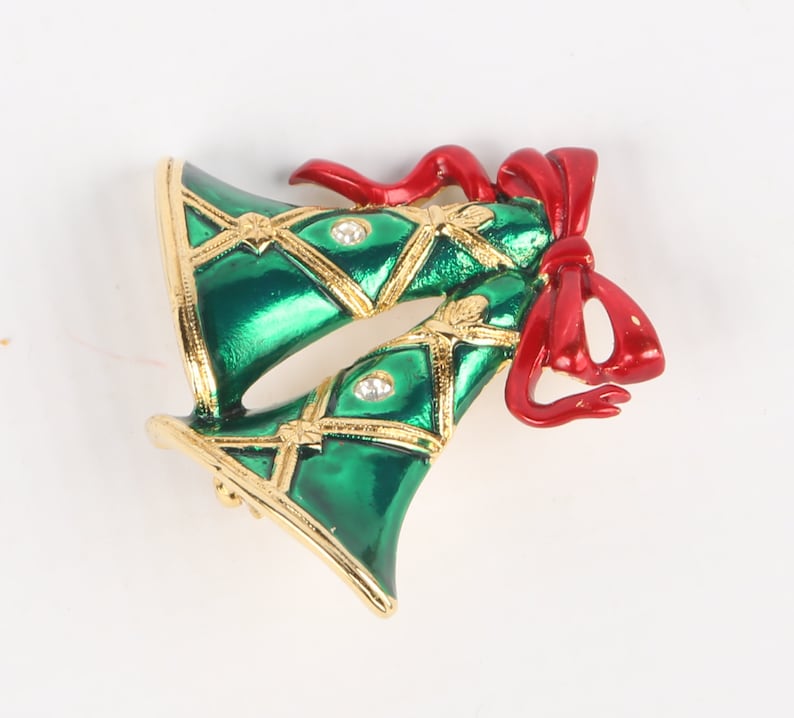 Excellent Cond. 1-34 X 2 W Rhinestones Green Enamel Maker Mark Christmas Bells Pin SFJ Bells Brooch Red Roll Over Clasp Gold Tone