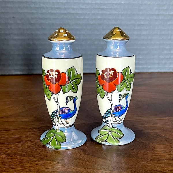 1920's-30's Made in Japan Porcelain Handpainted Lusterware Tall S & P Shakers, Blue Peacocks, Red Burgundy Flowers, Excellent VTG Condition