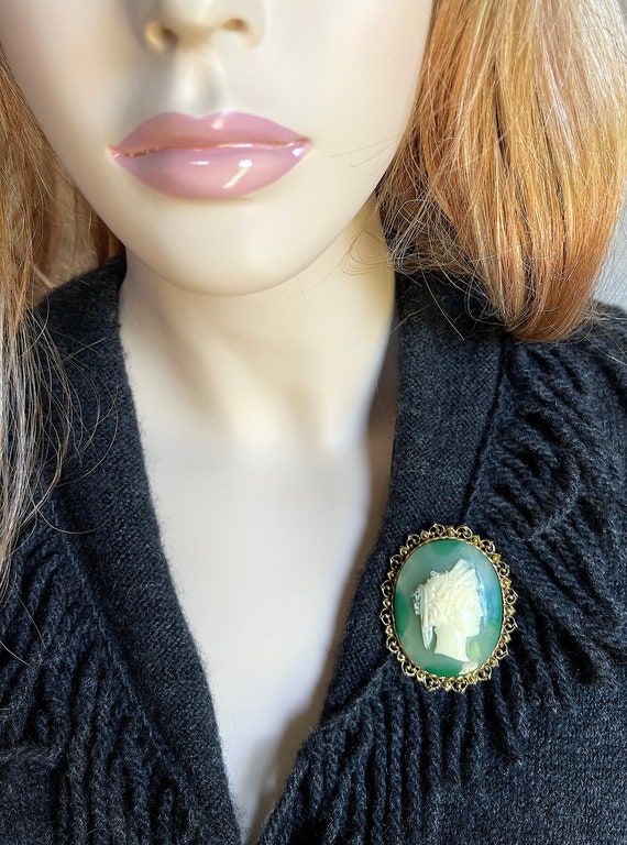 1960's Large White Lucite Cameo on Green Shaded L… - image 7
