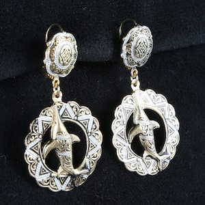 1970's Swordfish Earrings Damascene Black Silver Enamel on Textured Gold Tone Dangle Wire Earrings, Excellent VTG Cond., 2" H X 1-1/8" W.