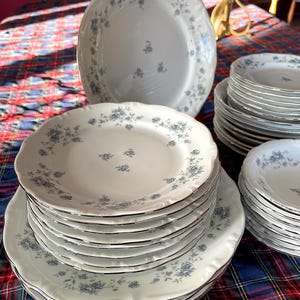 May include: A set of white porcelain dinner plates with a blue floral pattern. The plates have a scalloped edge and a silver trim.