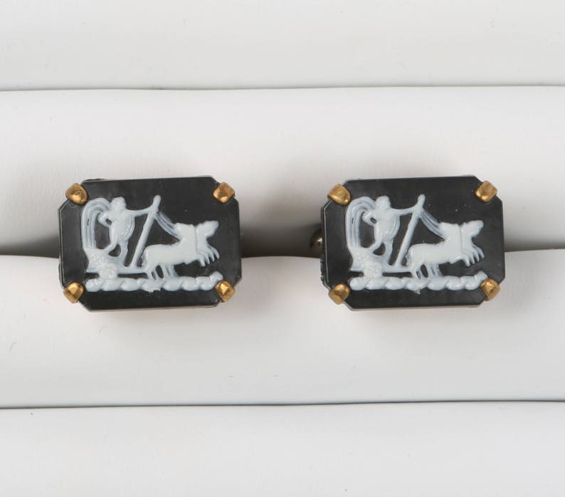 Greek Cuff Links Black and White Lucite Greek Chariot Rectangular Bezel set in Brass Cuff links Excellent VTG Cond. 1116 X 12.