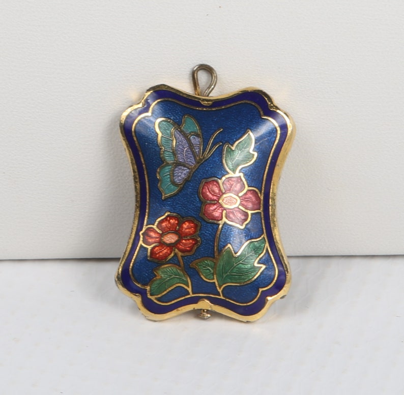 Gold Tone Metallic Cloisonn\u00e9 Green Double Sided Pendant Shaped Corners Copper Butterfly Rectangle 1970/'s Cloisonn\u00e9 Blues Flowers