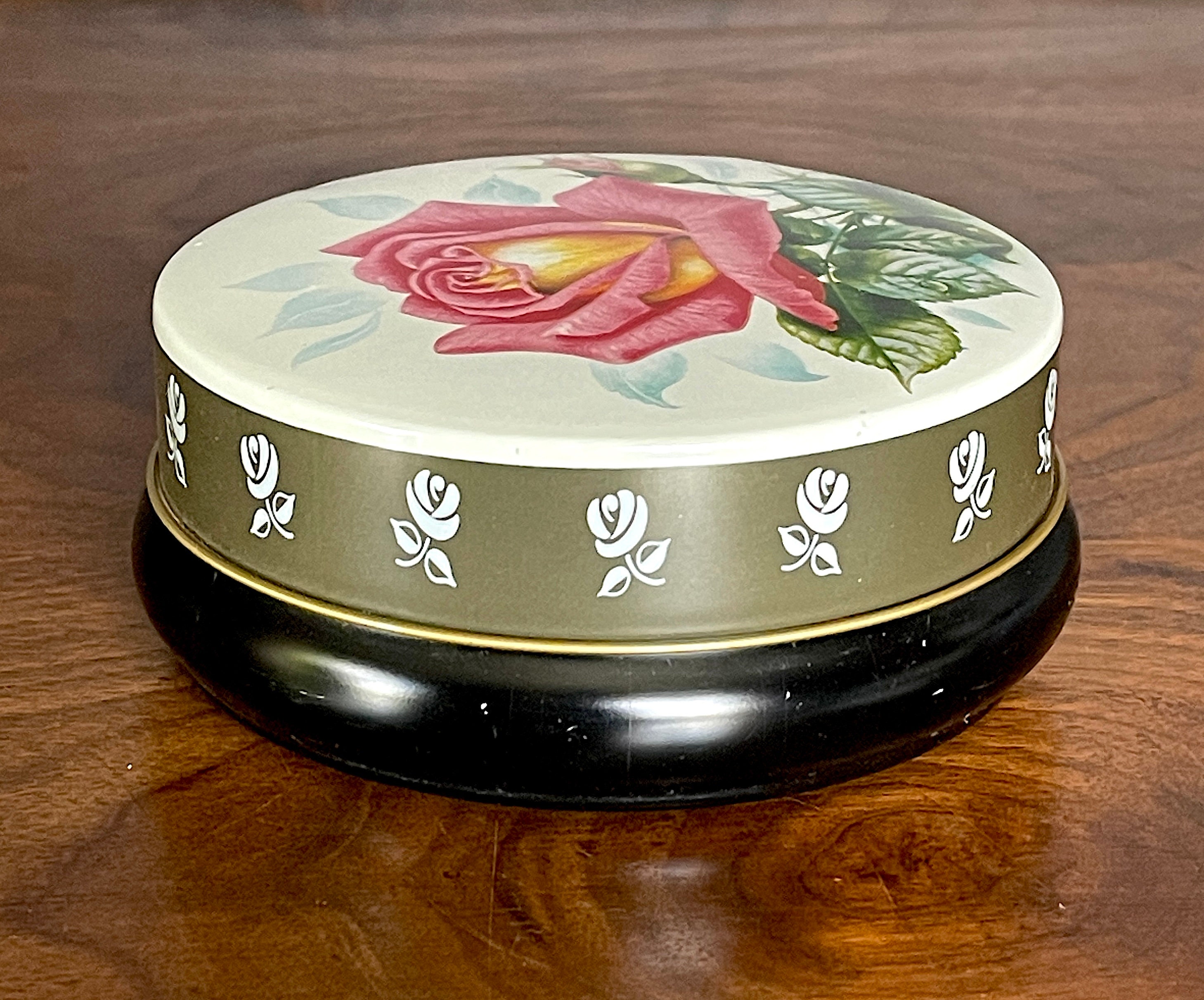 Retro Raspberry Ruffle Tin 1950's-60's Riley's Toffee Tin, Pink N Yellow Rose on Wht Base W Leaves ...