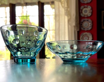 1960's-70's Hazel Atlas Aqua "Capri", Dot Optic, Footed Bowl n Old Fashion Glass, Lovely, Excellent Unused VTG Condition, Sizes in Photo