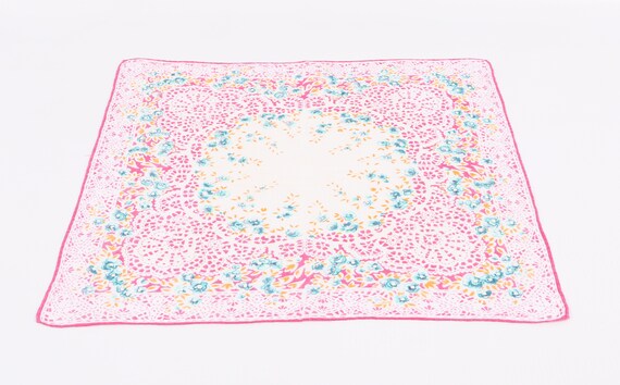 1950's Lace Print Floral Hankie Cotton Magenta, T… - image 4