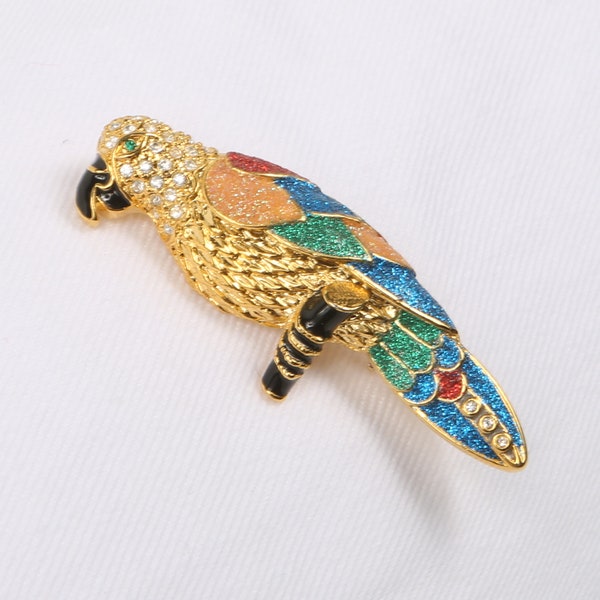 1990's Parrot Brooch, Glitter Enamel Multicolor Parrot on Gold Tone Pave Head, Near MINT Condition. P.S. Co. Rollover Clasp.