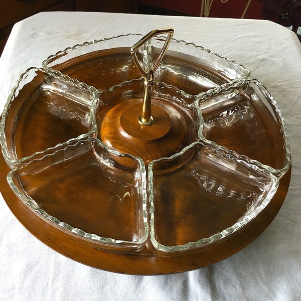 60's Vermillion Real Walnut Lazy Susan Large Walnut Base, Ball Bearing Spinner, Works Well, Edge Ridge Holds 6 Scalloped Wedge Shape Dishes