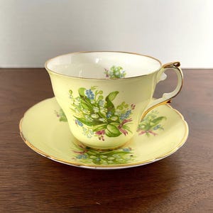 1950&#39;s-60&#39;s Regency, Bone China Cup and Saucer, Made in England, Unusual Yellow Bckgrnd, Lily-of-the-Valley Pattern, Excellent VTG Condition