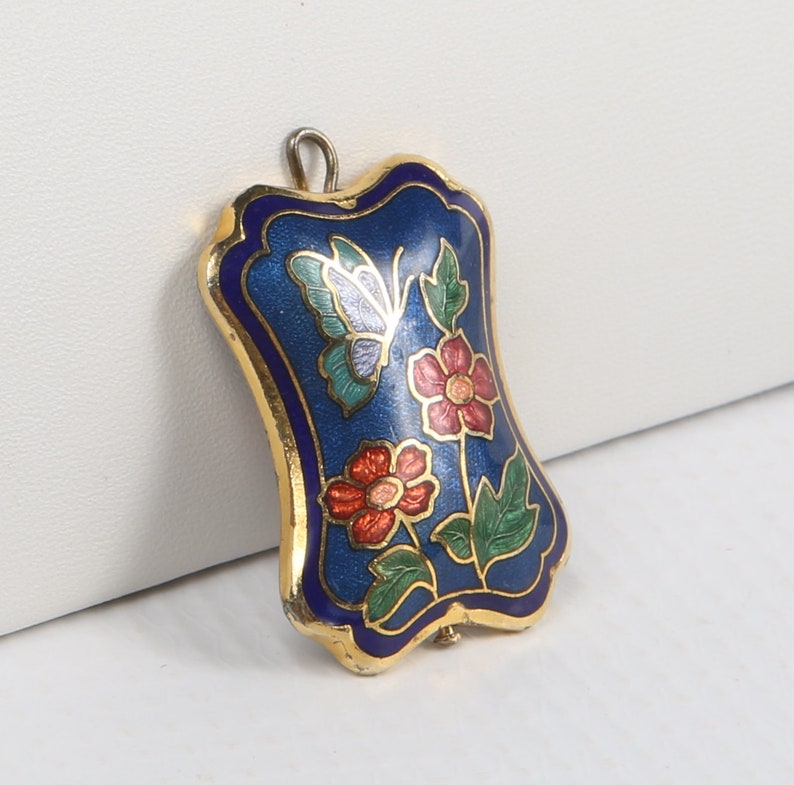 Gold Tone Metallic Cloisonn\u00e9 Green Double Sided Pendant Shaped Corners Copper Butterfly Rectangle 1970/'s Cloisonn\u00e9 Blues Flowers